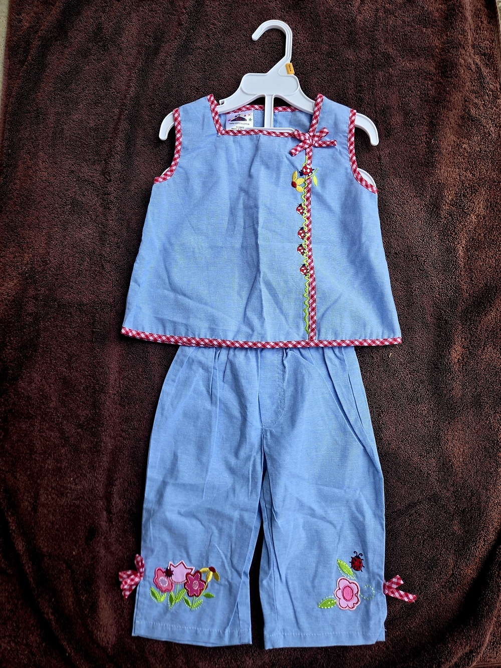 Light Blue Girls Two-Piece Set with Pink Gingham Trim